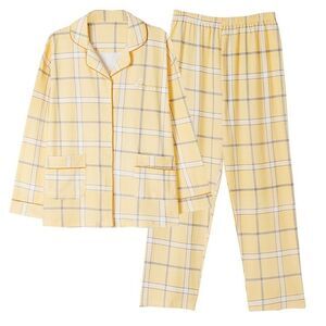 100% Cotton Women Pajama Set 2Pcs Long Sleeve Sleepwear Button Down Yellow Plaid